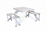 Masa pliabila aluminiu tip geamantan cu 4 scaune si suport umbrela – ideala pentru picnic, camping si gradina Powersale
