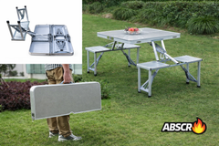 Masa pliabila aluminiu tip geamantan cu 4 scaune si suport umbrela – ideala pentru picnic, camping si gradina PromotiiZilnice