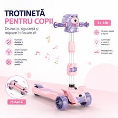 Trotineta copii 3 in 1 cu muzica, baloane de sapun si roti LED – pliabila, ghidon reglabil, scaun detasabil – Albastru & Roz
