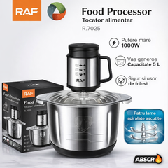 Tocator electric RAF R.7025, 1000W, bol inox 5L, 2 viteze, lame din otel inoxidabil