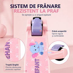 Trotineta copii 3 in 1 cu muzica, baloane de sapun si roti LED – pliabila, ghidon reglabil, scaun detasabil – Albastru & Roz