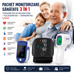 Pachet Monitorizare Sănătate 3 în 1 – Tensiometru Digital de Încheietură + Pulsoximetru OLED + Termometru Frontal