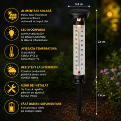 Set 2 Termometre Solare de Gradina cu Lampa LED, Afisaj Dual Celsius/Fahrenheit, Aprindere Automata, Incarcare Solara, Tarus Inclus, 35 cm, Negru