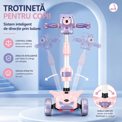 Trotineta copii 3 in 1 cu muzica, baloane de sapun si roti LED – pliabila, ghidon reglabil, scaun detasabil – Albastru & Roz