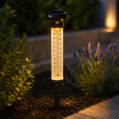Set 2 Termometre Solare de Gradina cu Lampa LED, Afisaj Dual Celsius/Fahrenheit, Aprindere Automata, Incarcare Solara, Tarus Inclus, 35 cm, Negru