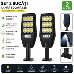 Set 2 x Lampa Solara Stradala JORTAN 100W, 9 Cadrane LED COB, Senzor de Miscare, Telecomanda, IP66, 6500K, Iluminat Exterior Curte si Gradina