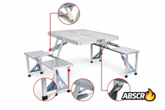 Masa pliabila aluminiu tip geamantan cu 4 scaune si suport umbrela – ideala pentru picnic, camping si gradina Powersale