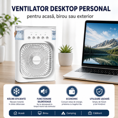 Mini Ventilator Portabil 3 în 1 cu Răcire Aer, Umidificator și Purificator, Rezervor 600ml, Iluminare RGB 7 Culori, 3 Trepte de Viteză, USB – Ideal pentru Birou, Dormitor și Camping PromotiiZilnice