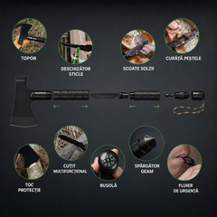 Accesoriu Multifunctional 9 in 1 pentru Camping si Excursii, cu Busola si Fluier, 43.5 cm