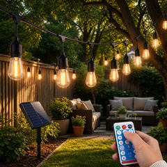 Ghirlanda solara exterior 25 metri cu 25 becuri LED E27, telecomanda, IP65 rezistenta la apa – instalatie luminoasa pentru gradina, terasa, balcon si evenimente