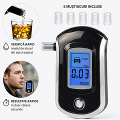 Tester Alcoolemie Digital Portabil cu 5 Muștiucuri, Afișaj LCD, Rezultate Rapide și Precise
