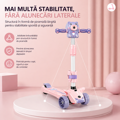 Trotineta copii 3 in 1 cu muzica, baloane de sapun si roti LED – pliabila, ghidon reglabil, scaun detasabil – Albastru & Roz