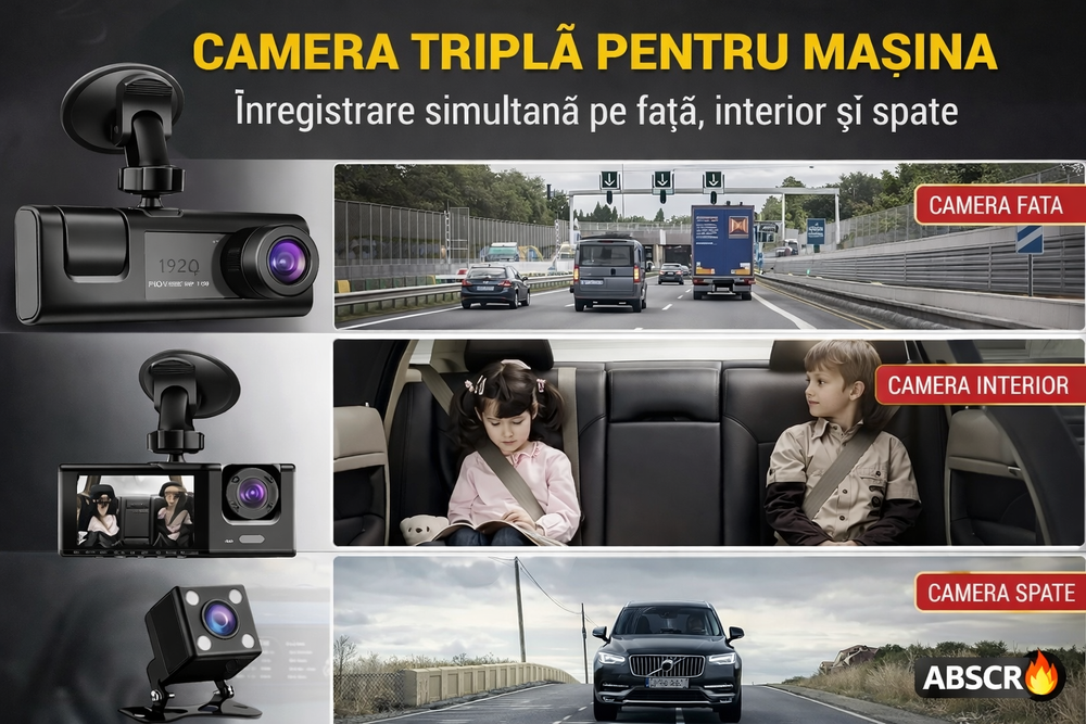 Camera auto DVR 3 canale, fata + interior + spate, Full HD 1080P, unghi larg 170°, ecran 2 inch, vedere nocturna, G-sensor, inregistrare in bucla PromotiiZilnice