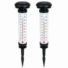 Set 2 Termometre Solare de Gradina cu Lampa LED, Afisaj Dual Celsius/Fahrenheit, Aprindere Automata, Incarcare Solara, Tarus Inclus, 35 cm, Negru