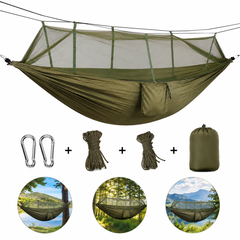Hamac Camping cu Plasă Anti-Insecte 260x140 cm, Verde Kaki, Ultra Ușor, Portabil, cu Husă și Accesorii de Prindere