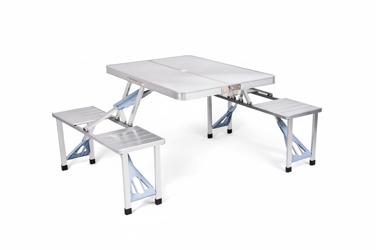Masa pliabila aluminiu tip geamantan cu 4 scaune si suport umbrela – ideala pentru picnic, camping si gradina Powersale