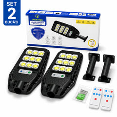 Set 2 x Lampa Solara Stradala JORTAN 100W, 9 Cadrane LED COB, Senzor de Miscare, Telecomanda, IP66, 6500K, Iluminat Exterior Curte si Gradina
