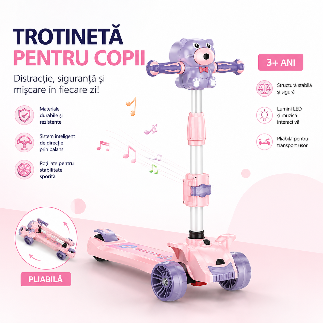 Trotineta copii 3 in 1 cu muzica, baloane de sapun si roti LED – pliabila, ghidon reglabil, scaun detasabil – Albastru & Roz