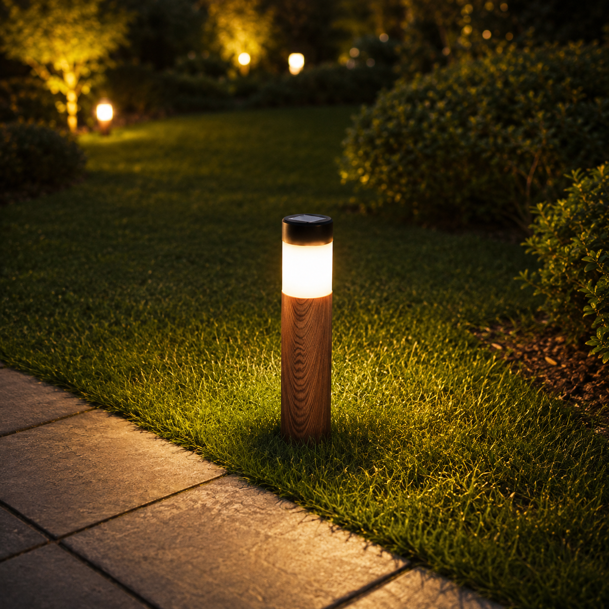 Set 4 Lampi Solare LED pentru Gradina si Alei, Aspect Lemn Natural, Aprindere Automata, Rezistente la Intemperii, Lumina Alba Calda