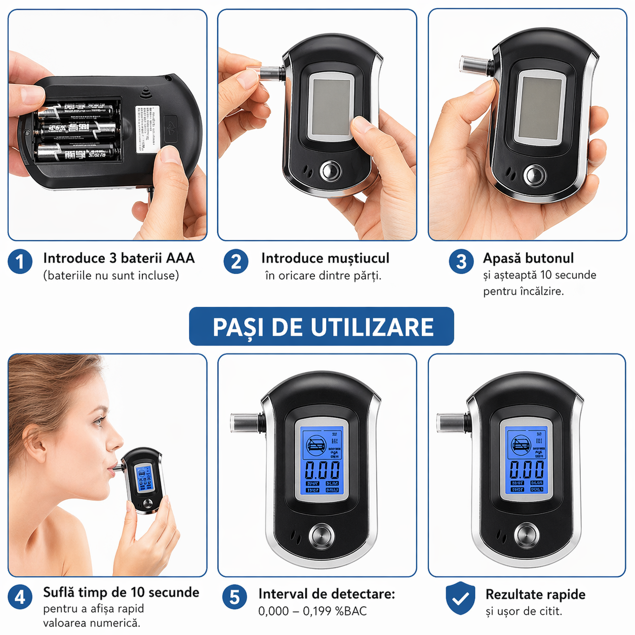 Tester Alcoolemie Digital Portabil cu 5 Muștiucuri, Afișaj LCD, Rezultate Rapide și Precise