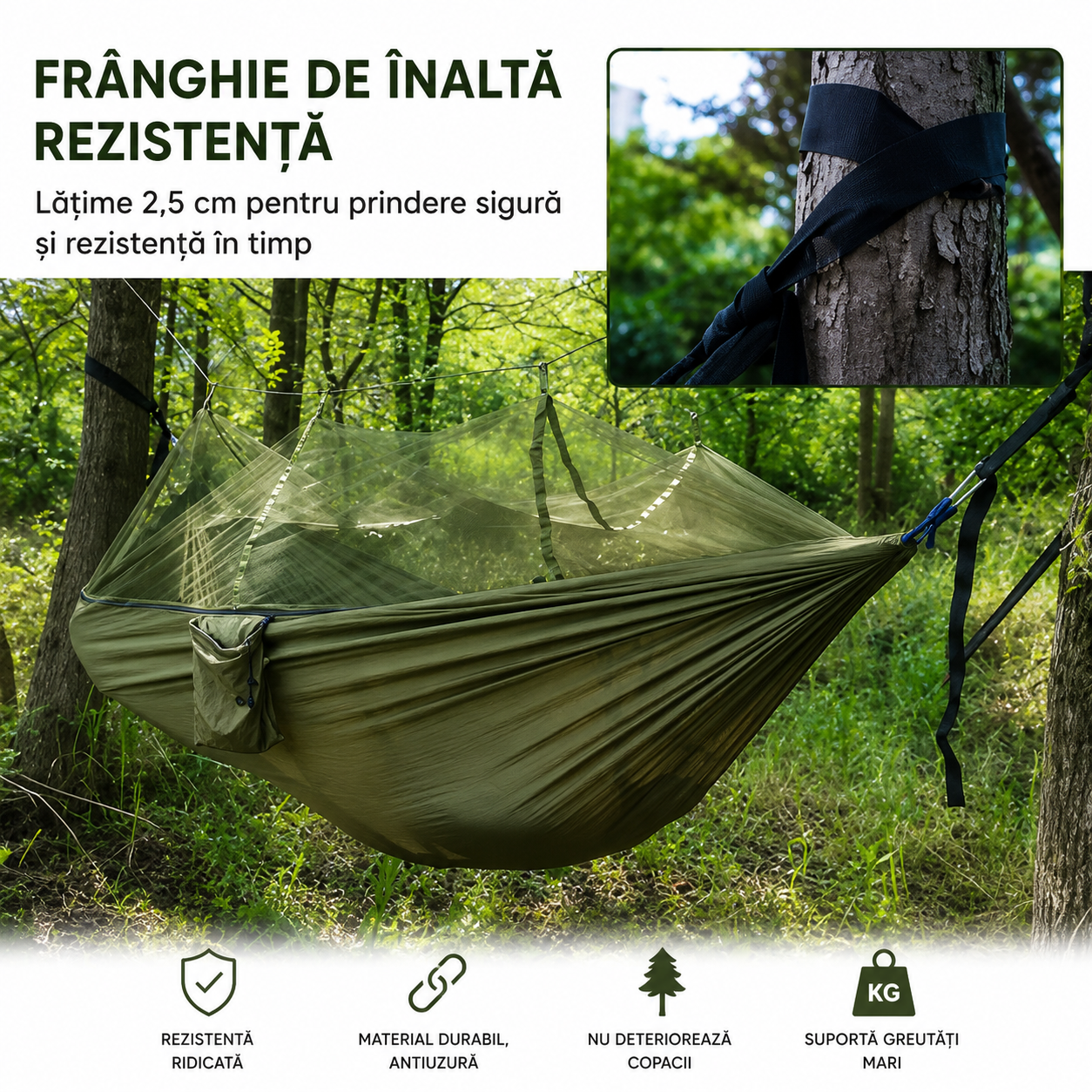 Hamac Camping cu Plasă Anti-Insecte 260x140 cm, Verde Kaki, Ultra Ușor, Portabil, cu Husă și Accesorii de Prindere