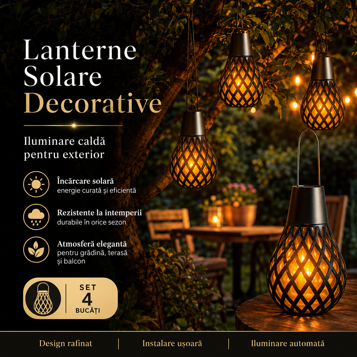 Set 4 Lampi Solare Suspendate cu Efect Flacara, Waterproof IP65, Iluminat Decorativ pentru Gradina, Terasa si Copaci