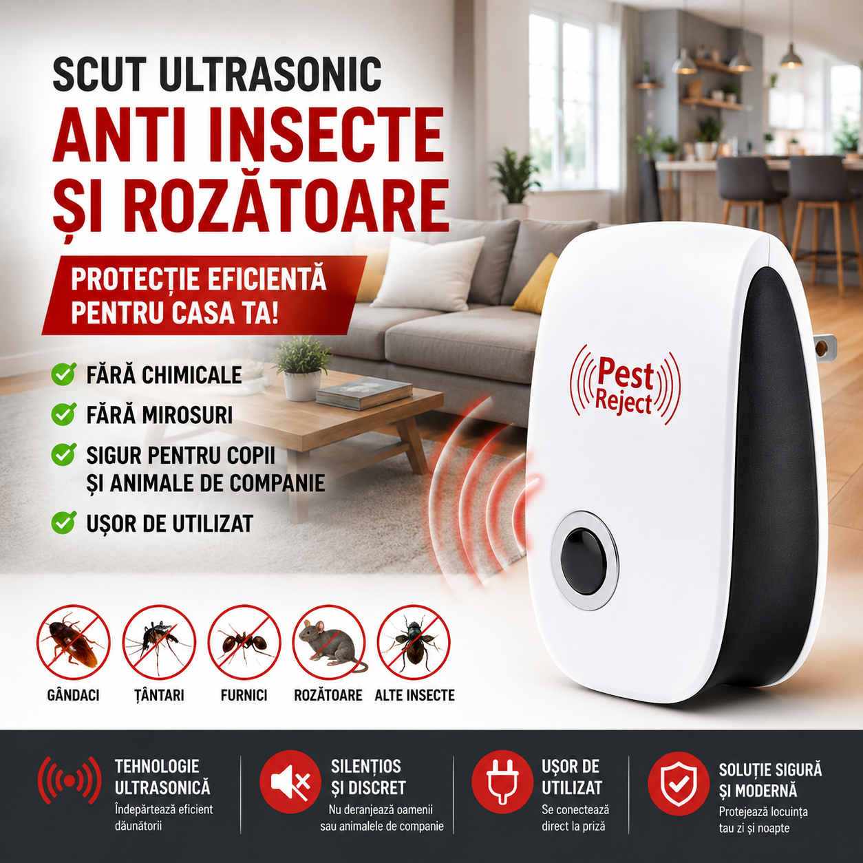 Set 5 Bucati Aparat Ultrasonic Anti Tantari, Gandaci, Furnici si Rozatoare PromotiiZilnice
