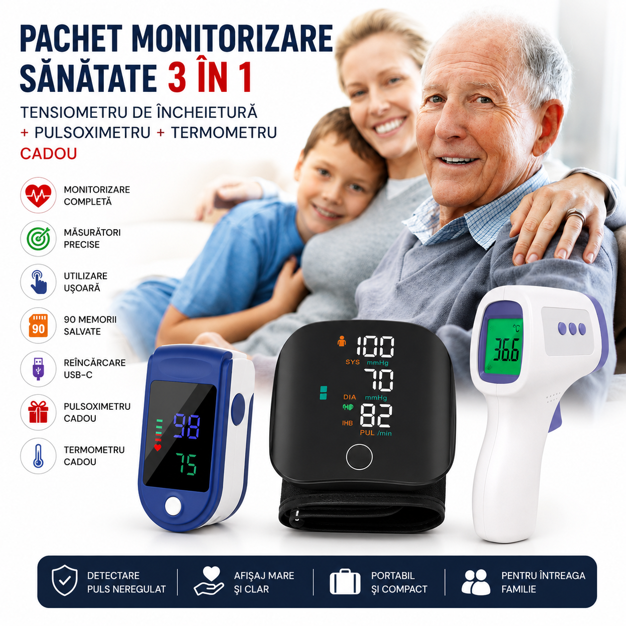 Pachet Monitorizare Sănătate 3 în 1 – Tensiometru Digital de Încheietură + Pulsoximetru OLED + Termometru Frontal