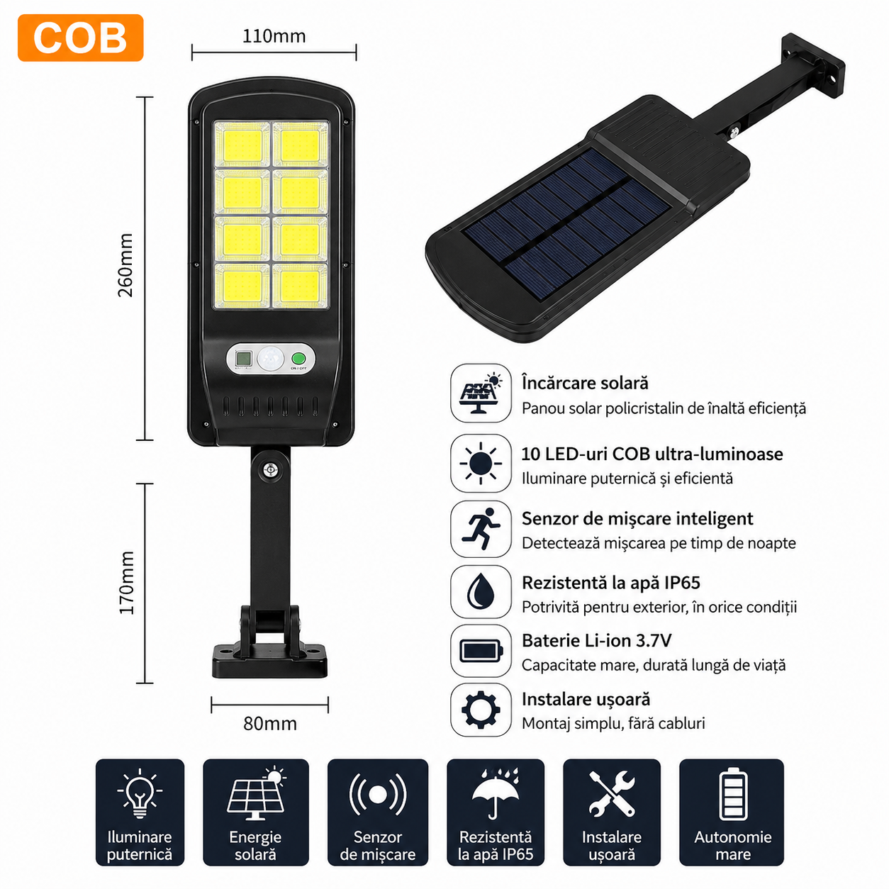 Set 5 Lampi Solare LED COB 100W JORTAN, 160 LED-uri, Senzor Miscare, Telecomanda – Iluminat Exterior Curte si Gradina