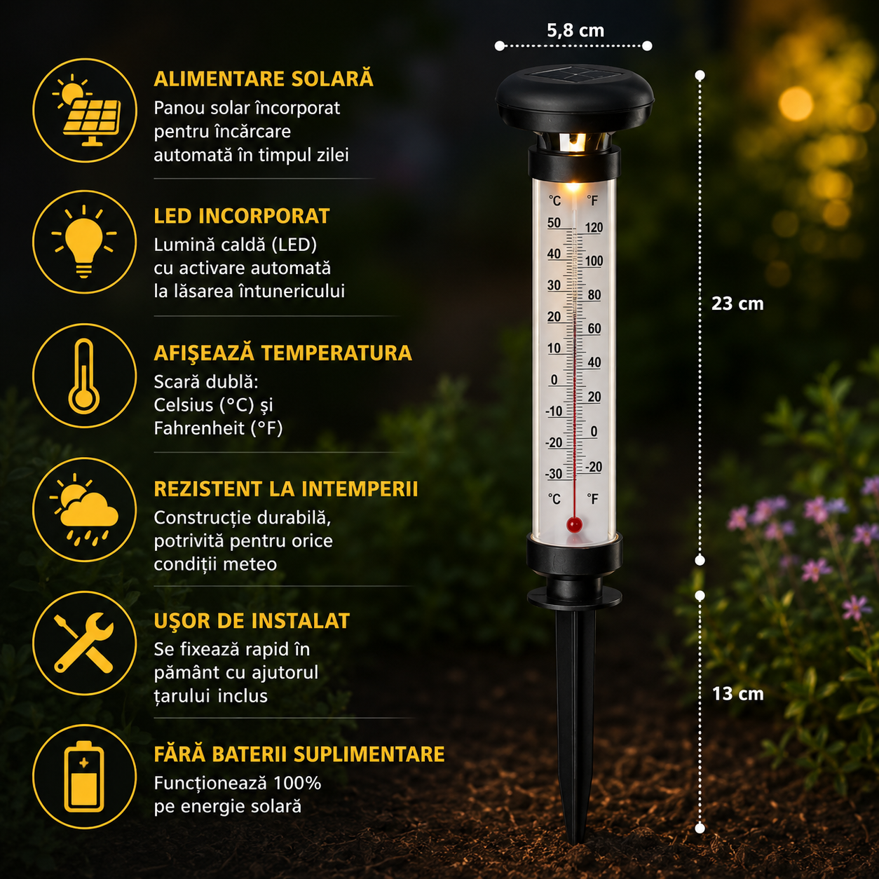 Set 2 Termometre Solare de Gradina cu Lampa LED, Afisaj Dual Celsius/Fahrenheit, Aprindere Automata, Incarcare Solara, Tarus Inclus, 35 cm, Negru
