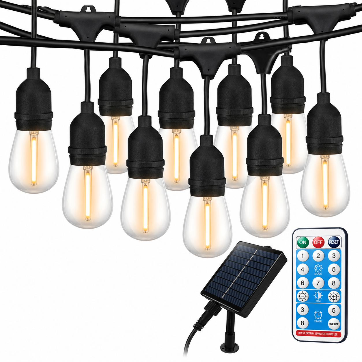 Ghirlanda solara exterior 25 metri cu 25 becuri LED E27, telecomanda, IP65 rezistenta la apa – instalatie luminoasa pentru gradina, terasa, balcon si evenimente
