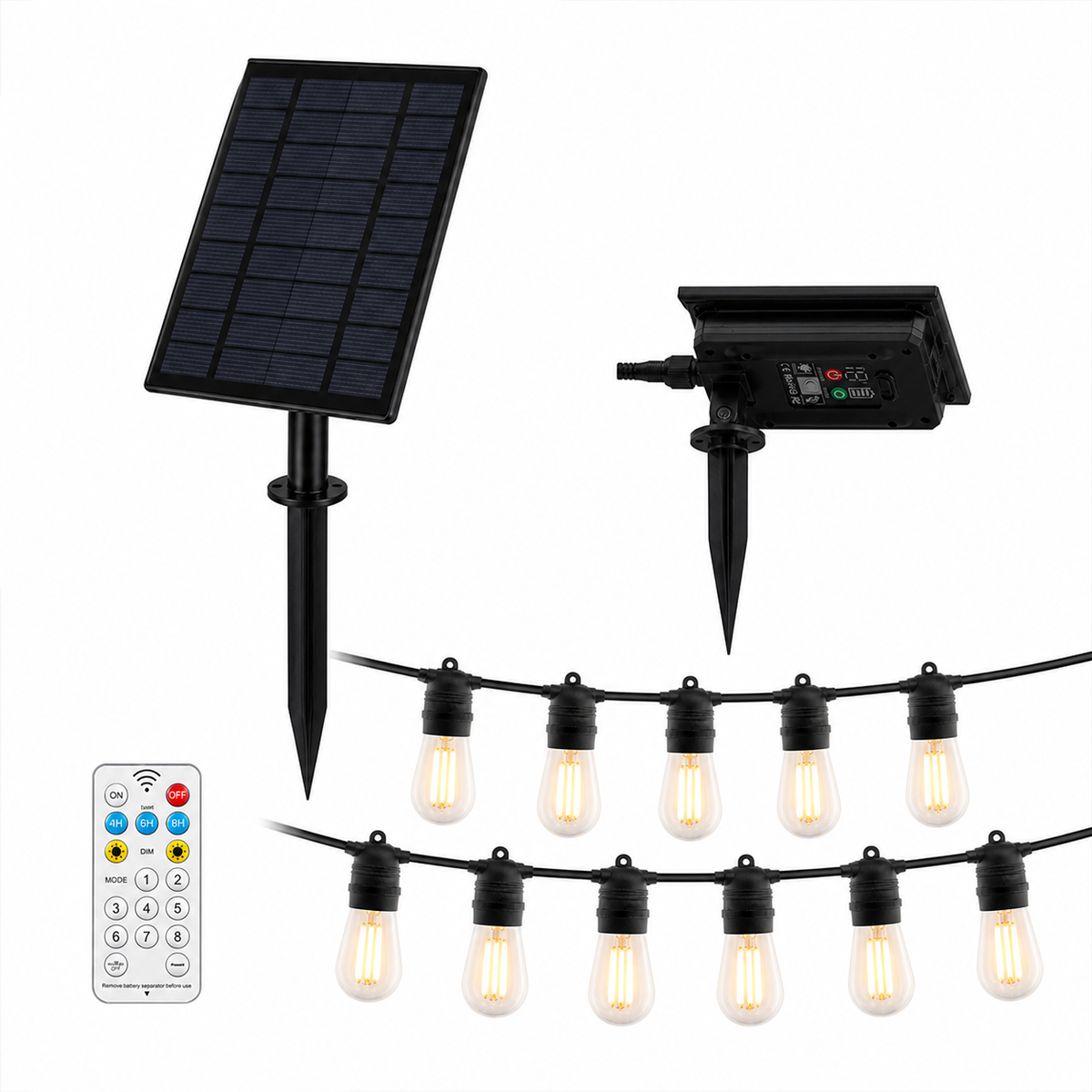 Ghirlanda solara exterior 25 metri cu 25 becuri LED E27, telecomanda, IP65 rezistenta la apa – instalatie luminoasa pentru gradina, terasa, balcon si evenimente