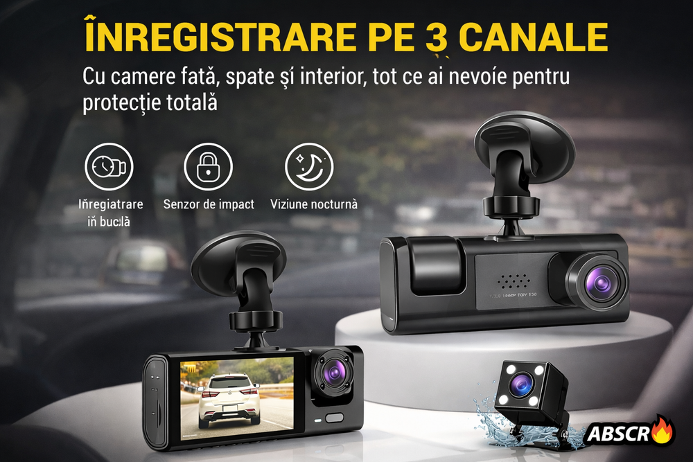 Camera auto DVR 3 canale, fata + interior + spate, Full HD 1080P, unghi larg 170°, ecran 2 inch, vedere nocturna, G-sensor, inregistrare in bucla PromotiiZilnice
