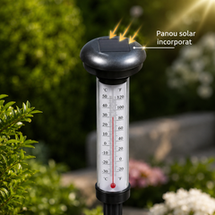 Set 2 Termometre Solare de Gradina cu Lampa LED, Afisaj Dual Celsius/Fahrenheit, Aprindere Automata, Incarcare Solara, Tarus Inclus, 35 cm, Negru