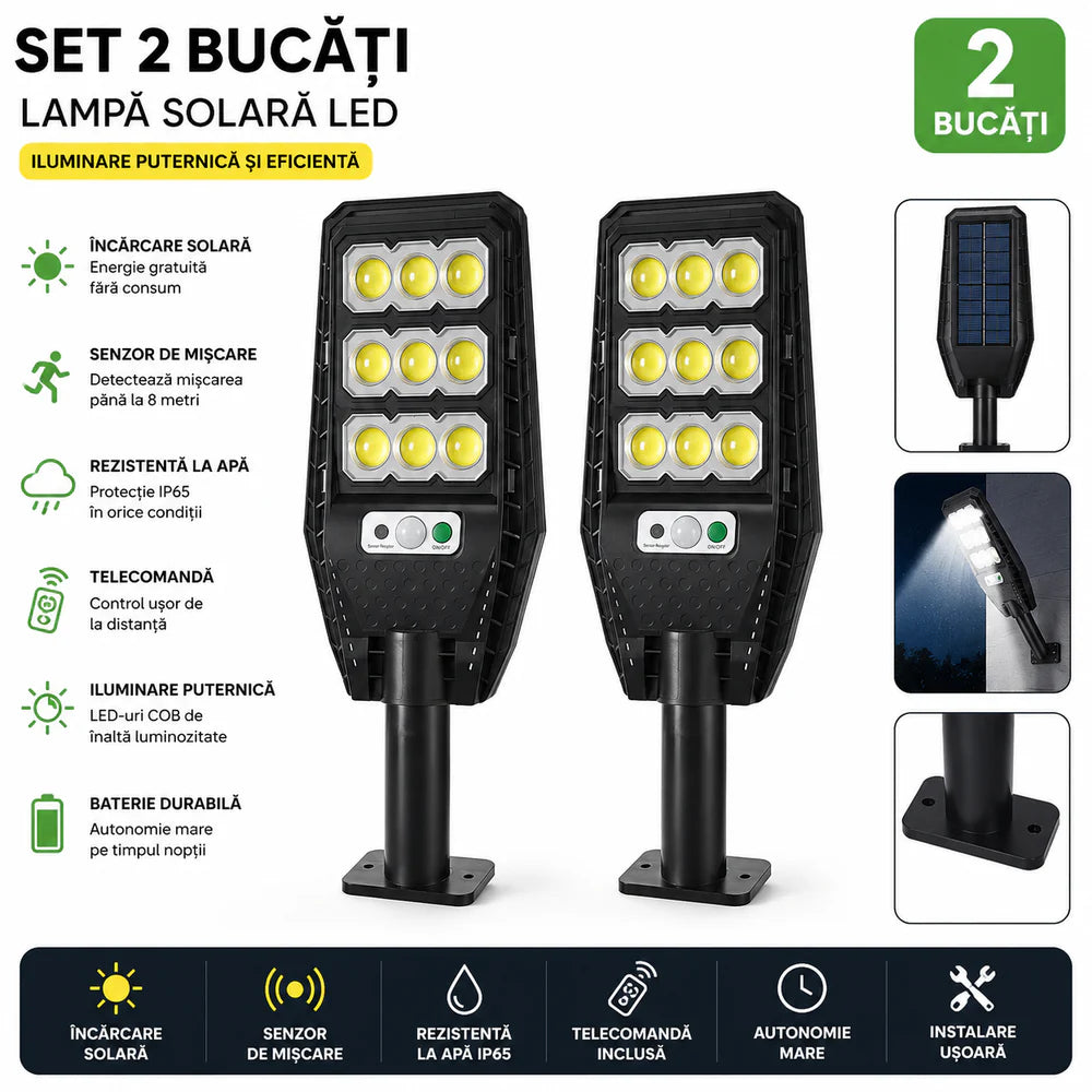 Set 2 x Lampa Solara Stradala JORTAN 100W, 9 Cadrane LED COB, Senzor de Miscare, Telecomanda, IP66, 6500K, Iluminat Exterior Curte si Gradina