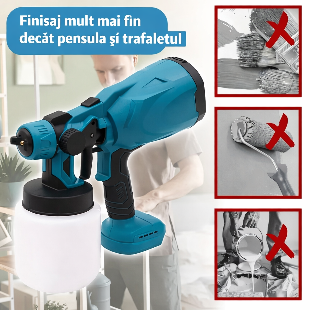 Pistol de vopsit electric fără fir 210W, 2 acumulatori Li-Ion 48V, rezervor 800 ml, pulverizare reglabilă