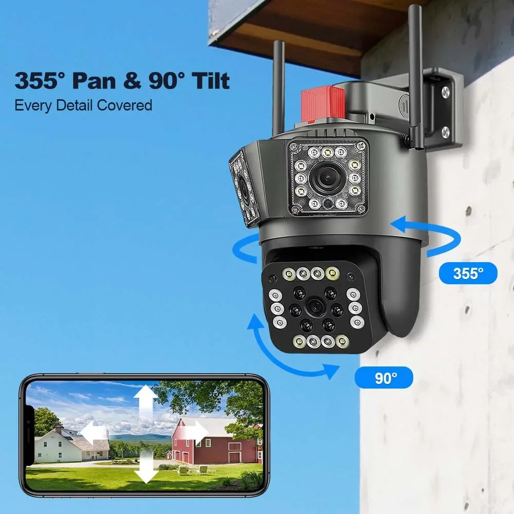 Set 2 camere triple Wi-Fi 6K, 12MP, audio bidirecțional, detecție mișcare AI, night vision, PTZ