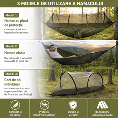 Hamac Camping cu Plasă Anti-Insecte 260x140 cm, Verde Kaki, Ultra Ușor, Portabil, cu Husă și Accesorii de Prindere