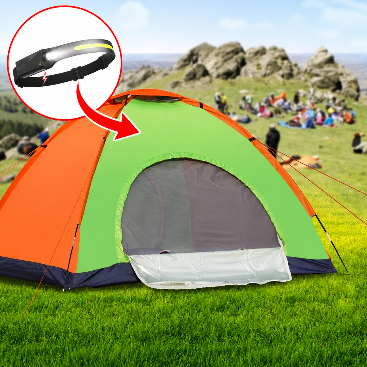 Cort Camping 3-4 Persoane 200x120X110 cm Impermeabil + Lanterna de Cap Cadou – Montare Rapida, Material Rezistent