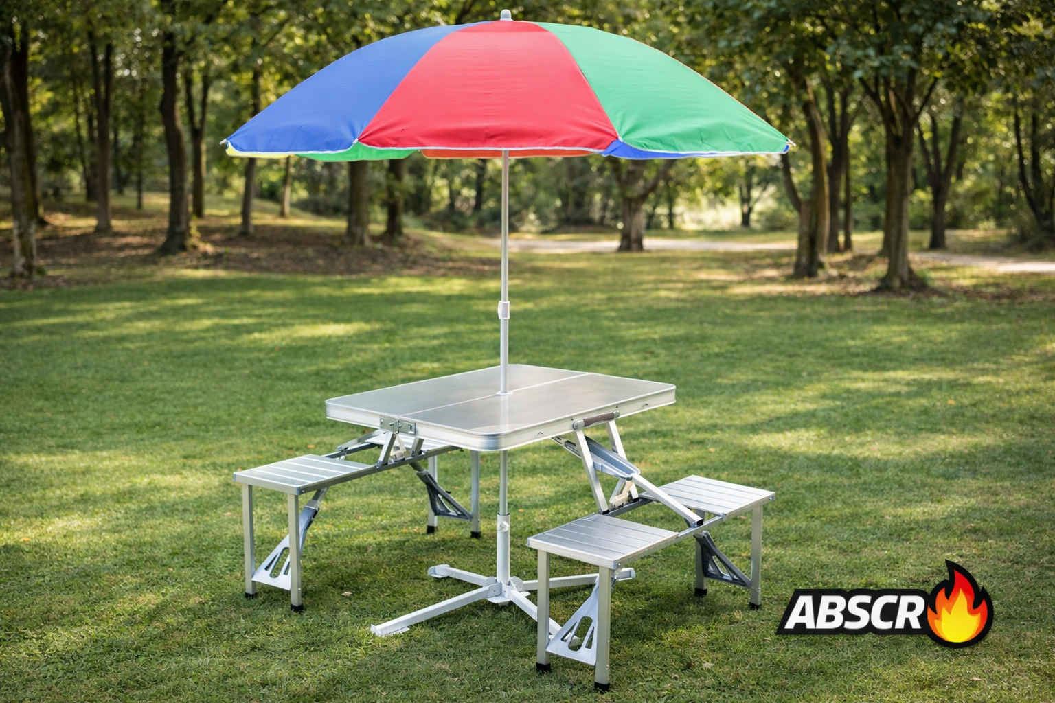 Masa pliabila aluminiu tip geamantan cu 4 scaune si suport umbrela – ideala pentru picnic, camping si gradina Powersale