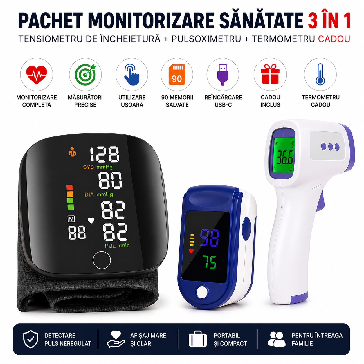 Pachet Monitorizare Sănătate 3 în 1 – Tensiometru Digital de Încheietură + Pulsoximetru OLED + Termometru Frontal