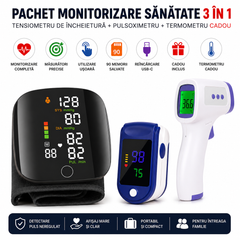 Pachet Monitorizare Sănătate 3 în 1 – Tensiometru Digital de Încheietură + Pulsoximetru OLED + Termometru Frontal