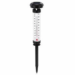 Set 2 Termometre Solare de Gradina cu Lampa LED, Afisaj Dual Celsius/Fahrenheit, Aprindere Automata, Incarcare Solara, Tarus Inclus, 35 cm, Negru