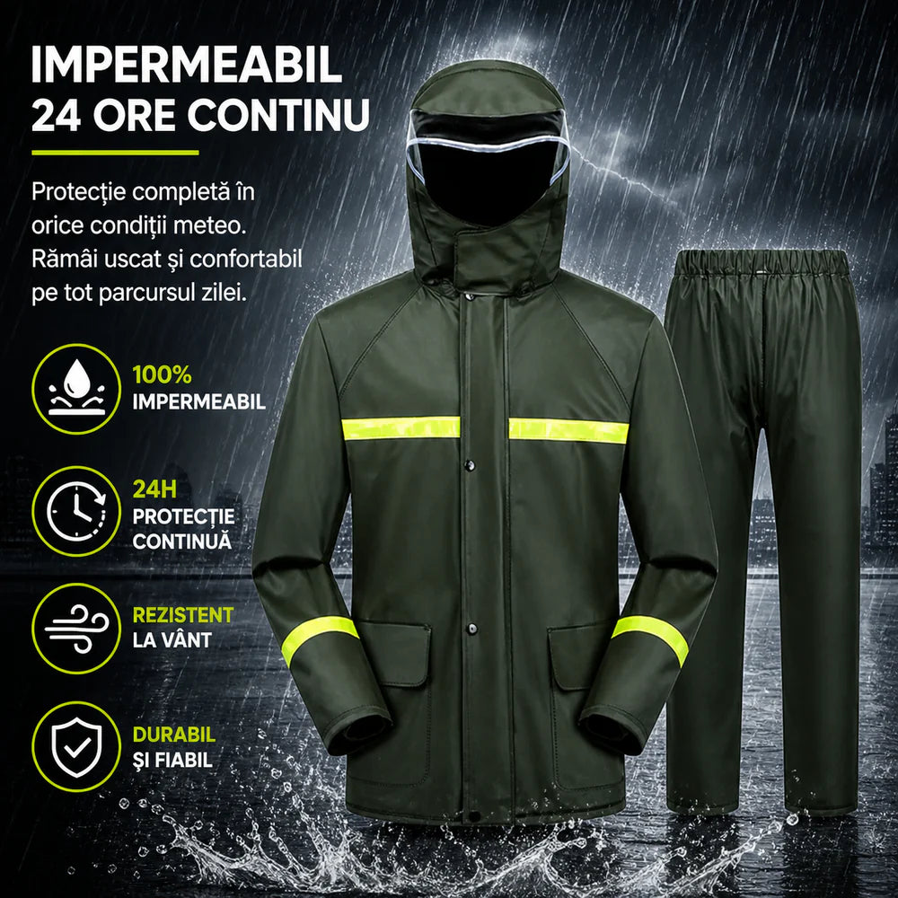 Costum Impermeabil Ploaie Profesional, Set Geaca si Pantaloni, Cu Gluga, Respirabil, Reflectorizant, Protectie Completa Exterior-Marime Universala-