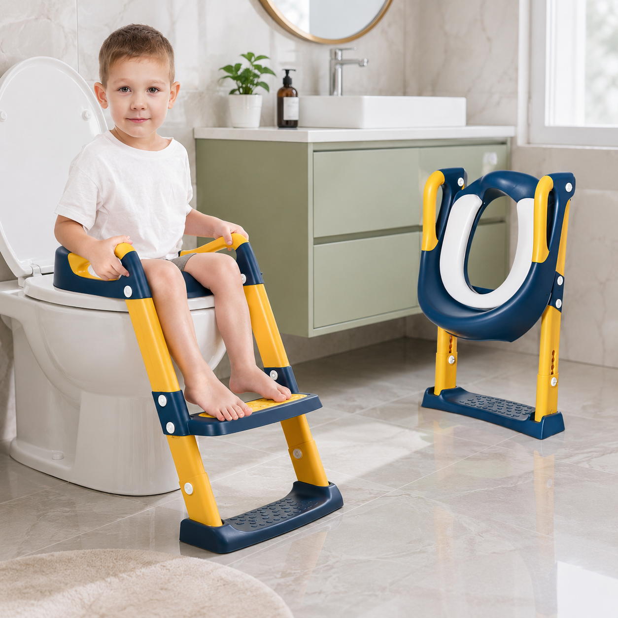 Reductor WC pentru Copii cu Scăriță Reglabilă, Pliabil, Antiderapant, Compatibil Universal, Roz & Albastru