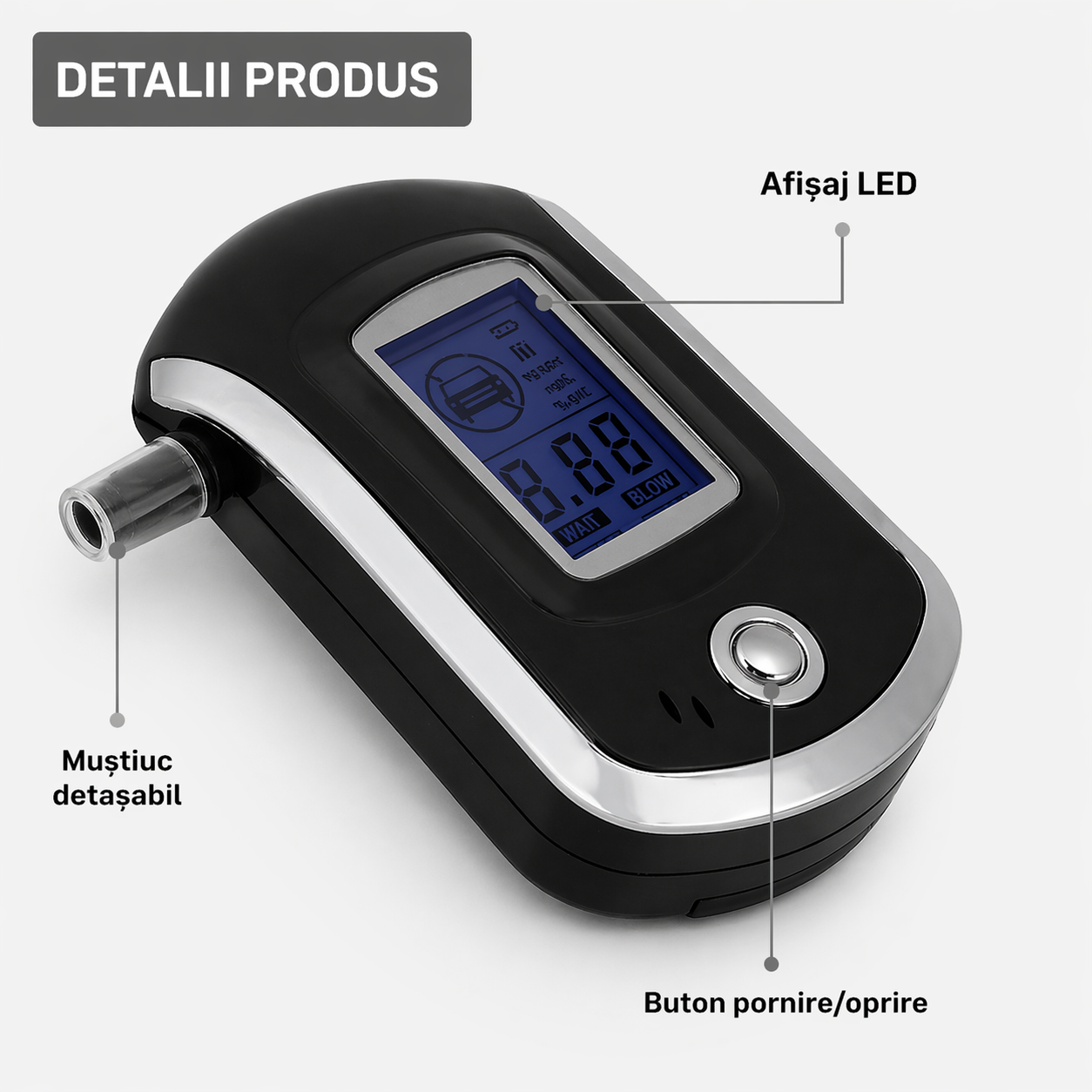 Tester Alcoolemie Digital Portabil cu 5 Muștiucuri, Afișaj LCD, Rezultate Rapide și Precise