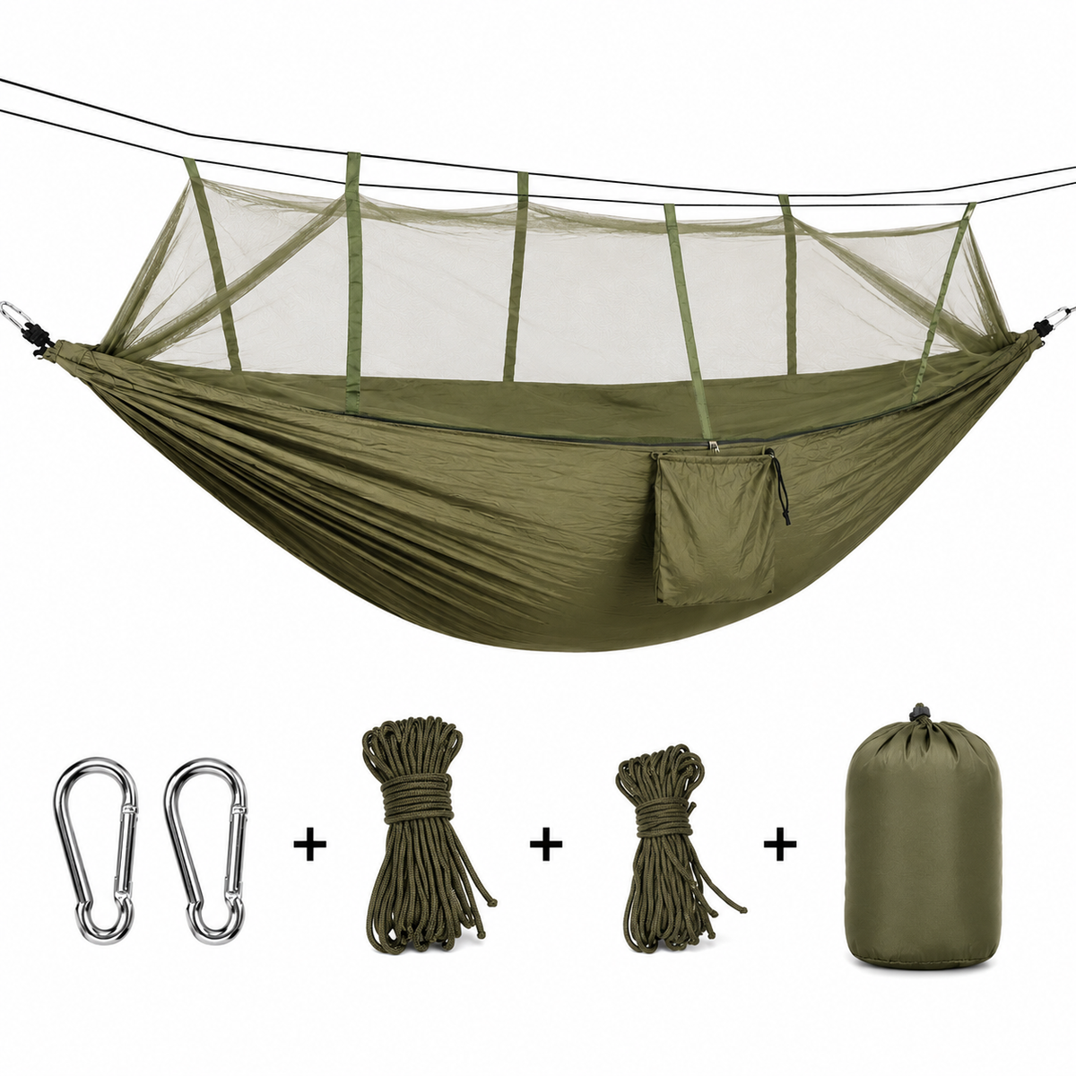Hamac Camping cu Plasă Anti-Insecte 260x140 cm, Verde Kaki, Ultra Ușor, Portabil, cu Husă și Accesorii de Prindere
