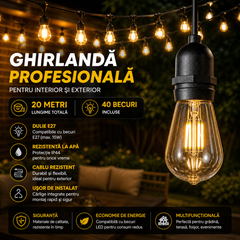 Ghirlandă LED 20 Metri cu 40 Becuri Filament E27, Impermeabilă IP65, Lumina Caldă, Exterior Terasă Grădină