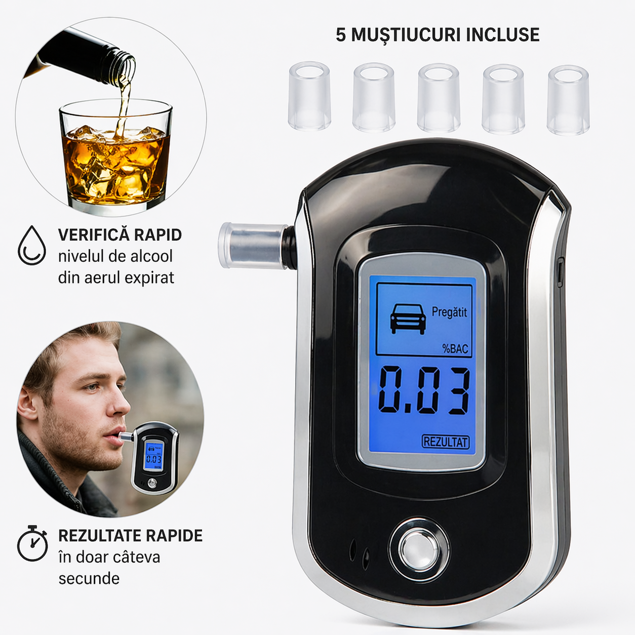 Tester Alcoolemie Digital Portabil cu 5 Muștiucuri, Afișaj LCD, Rezultate Rapide și Precise