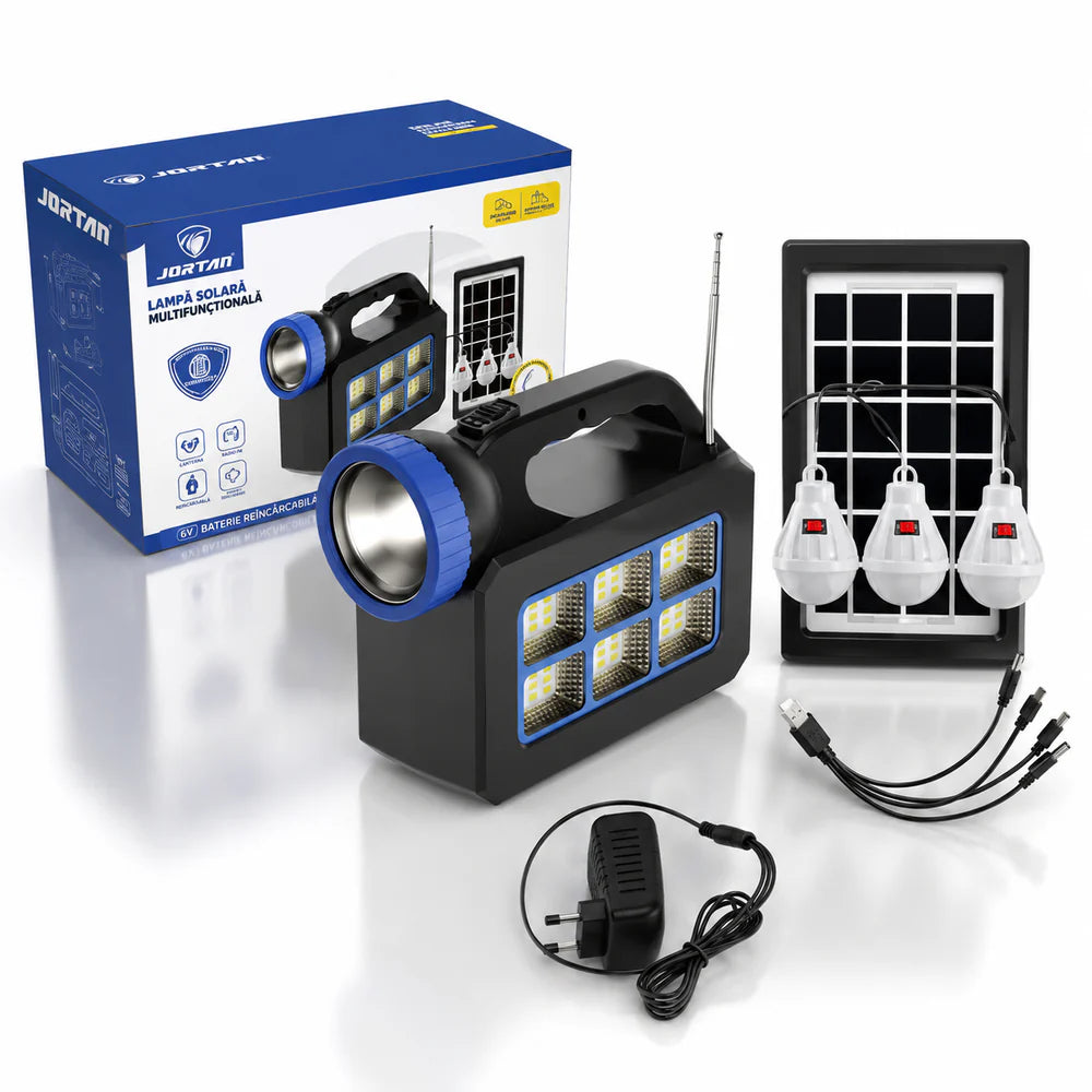 Kit Solar Portabil JORTAN T08 cu 3 Becuri LED, Panou Solar, Radio FM, Bluetooth si Powerbank 25000mAh – Sistem Iluminare Camping si Urgente